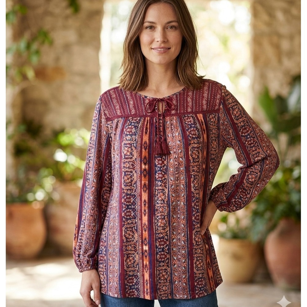 Style & Co Womens Top Plus Size 1X Fall Boho Cottage Peasant Crochet Detail
